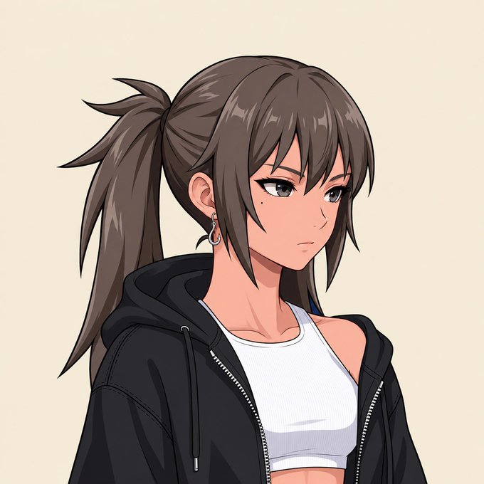 A serious-looking anime-style girl with brown hair tied in a high ponytail, wearing a black hoodie over a white crop top and a silver hoop earring, posing against a plain cream background—her confident, focused expression mirrors the excitement of minting @0xhazels tomorrow.