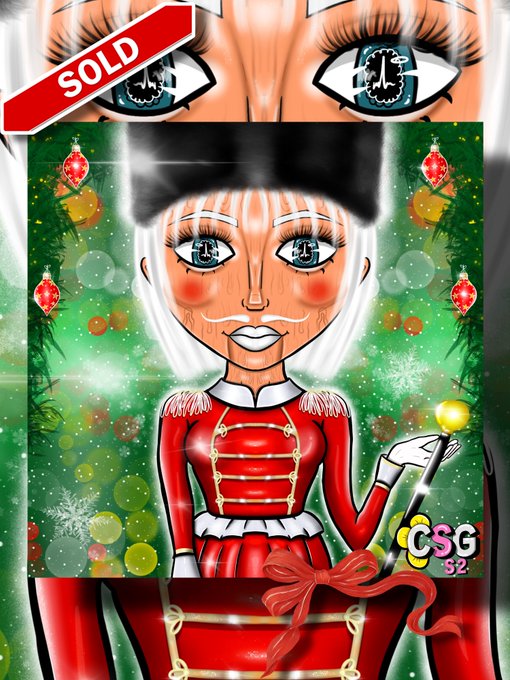 A Christmas-themed digital illustration of a woman in a red nutcracker-style outfit, marked with a "SOLD" banner and "CSG 52" signature.