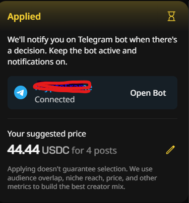 A mobile app screen showing an 'Applied' status with a Telegram bot connection and a suggested price of 44.44 USDC for 4 posts.