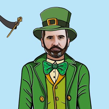 A digital illustration depicts a man in a green top hat and suit with a bow tie, his face superimposed with realistic features, while a hand offers him a golden cane.