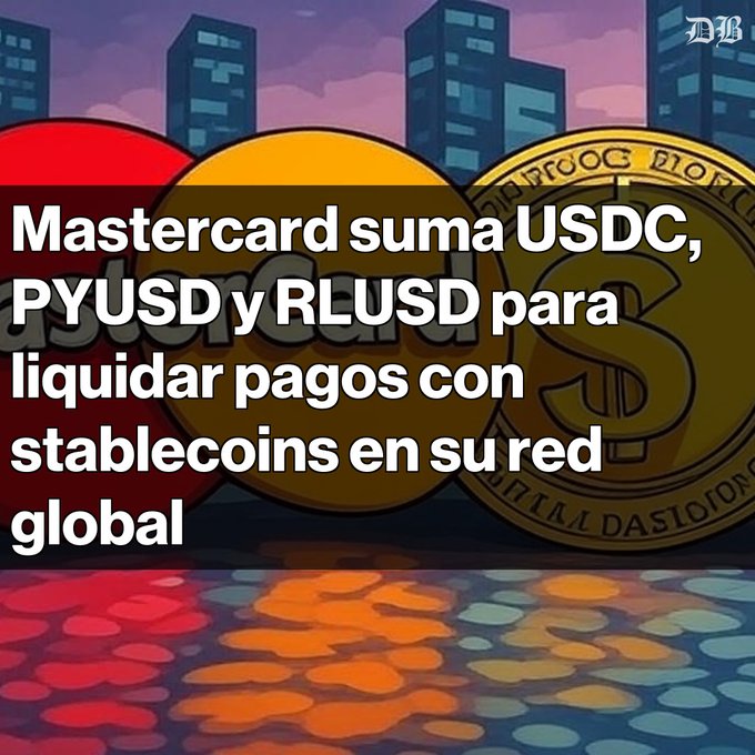 The image shows three gold coins with dollar signs on them, all representing different cryptocurrencies - USDC, PYUSD, and RLUSD. The text above the coins says "Mastercard suma usdc, usdc, pydc, pyusd". Another line of text suggests that these coins can be liquidated for stablecoins at the end of each week, which indicates a global trend towards cryptocurrency adoption and blockchain integration into various financial systems.