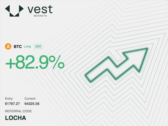 The image features a white background with an upward-pointing arrow pointing towards the top right corner of the screen. The text "loss bet on @Polymarket but @VestExchange saved the day Perfectly balanced, as all things should be." is displayed in green and white font at the bottom center of the image.