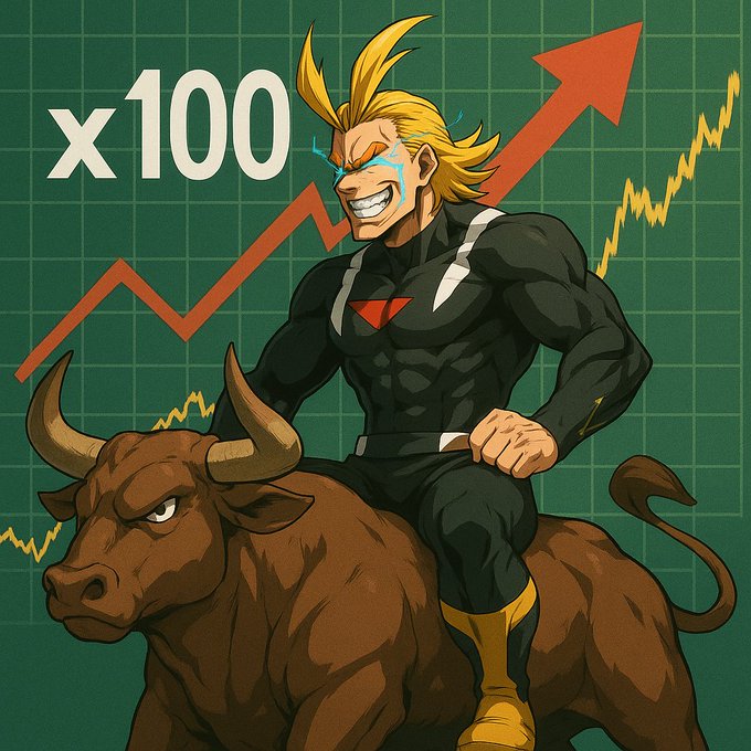 Anime-style illustration of a muscular blonde man with a grinning expression riding a brown bull, with "x100" text and an upward-pointing stock chart arrow against a green grid background, symbolizing a bull market.