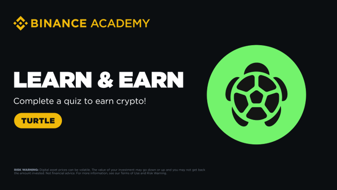 A Binance Academy "Learn & Earn" promotional banner featuring a green circular logo with a black turtle design, advertising the TURTLE token quiz that allows users to earn crypto rewards locked in Simple Earn at 10% APR.