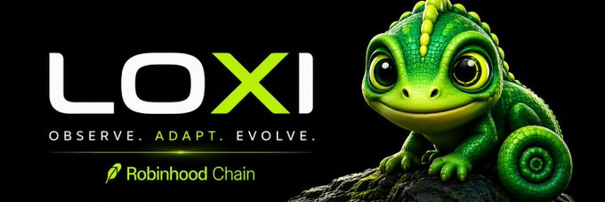 A promotional banner for 'LOXI' on the 'Robinhood Chain' with the tagline 'OBSERVE. ADAPT. EVOLVE.', featuring a green chameleon on the right side against a black background.