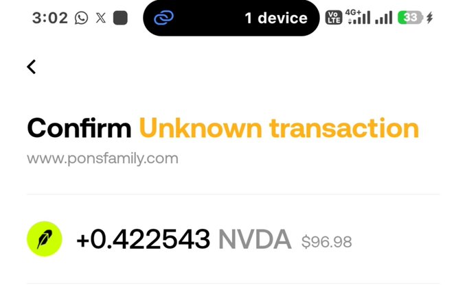 A screenshot of a Coinbase transaction confirmation for an "Unknown transaction" from www.ponsfamily.com showing a deposit of +0.422543 NVDA ($96.98), illustrating the creator fee earnings the post is celebrating.