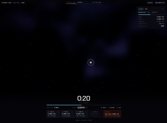 A screenshot of the 'STARRY SKY' cryptocurrency mining interface showing a 'SHOOTING STAR' operation with a timer at 0:20 and a hash rate of 0.0070 ETH.