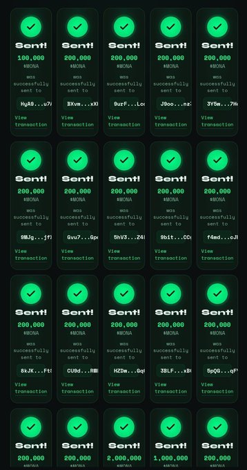 A screenshot of multiple transaction notifications showing 'Sent!' confirmations of various amounts (100,000 and 200,000 Wons) successfully sent to different recipients.