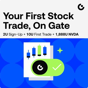 A promotional graphic for Gate features the headline "Your First Stock Trade, On Gate" offering "2U Sign-Up + 10U First Trade + 1,888U NVDA," visually represented by a green toggle switch activating a candlestick stock chart, illustrating how Gate bridges crypto and stock trading.