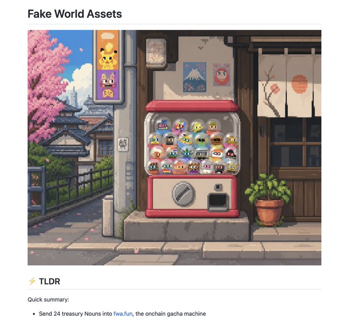 Pixel art illustration titled 'Fake World Assets' showing a red gacha capsule machine on a Japanese street corner with reference to sending 24 treasury Nouns to fwa.fun, the onchain gacha machine.