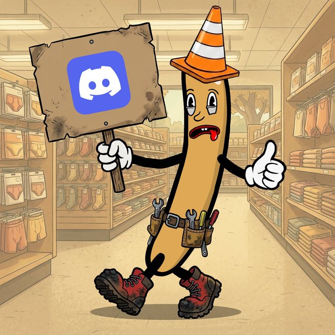 A cartoon banana character wearing a construction hat and a tool belt, giving a thumbs up while holding a dirty sign displaying the Discord logo inside what appears to be a clothing store.