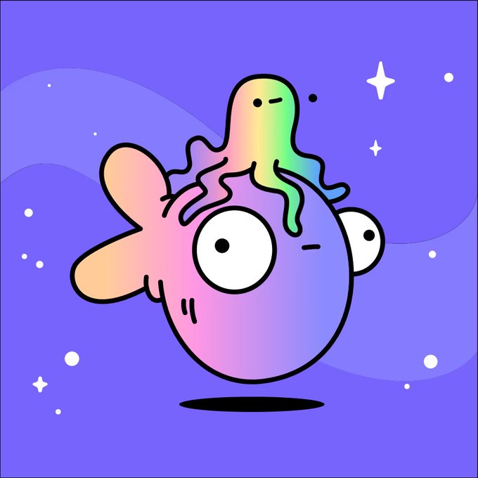 A cartoon illustration of a round, pastel-colored fish with an octopus on its head, set against a purple starry background.