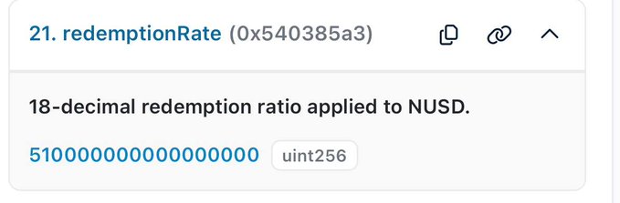 The image shows a blockchain contract parameter labeled "21. redemptionRate (0x540385a3)" with a value of 5100000000000000000 uint256, described as an "18-decimal redemption ratio applied to NUSD." This illustrates the post's claim of a steep -49% redemption haircut, as the 51% ratio (0.51 in decimal form) confirms that non-insider NUSD holders will only receive roughly half of their value back under neutrl's newly published redemption plan.