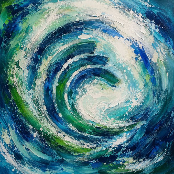 An abstract painting depicting a swirling vortex of ocean-like waves in shades of blue, green, and white, creating a dynamic, circular motion.