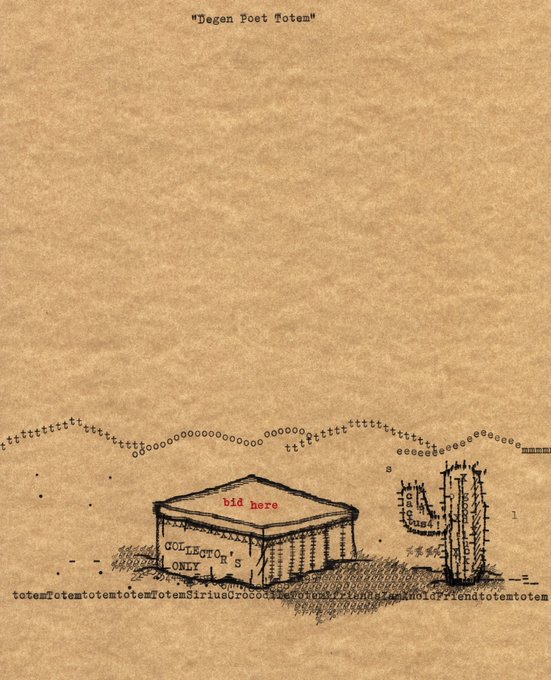 An ASCII art illustration on aged paper titled 'Wagen Poet Totem' depicting a bid box, a cactus, and text reading 'JULIETOR'S ONLY' and 'bid here'.