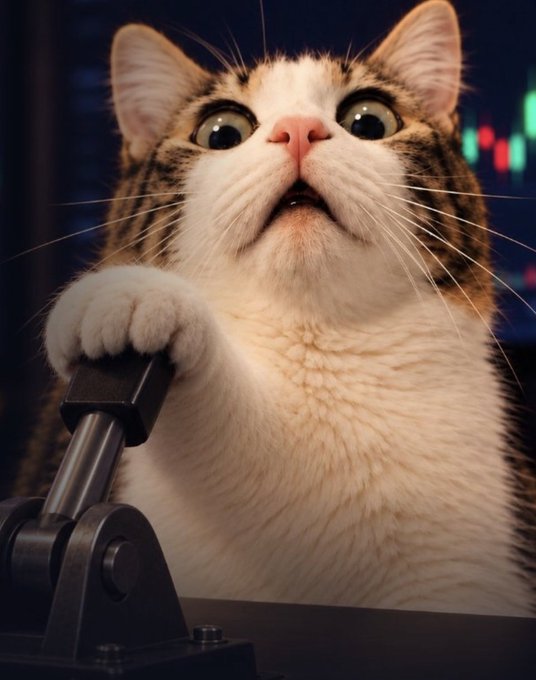 A close-up of a tabby and white cat looking upward with wide eyes, resting its paw on a black joystick or lever, with a blurred background of candlestick charts.
