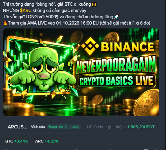 A Binance promotional graphic for a 'NeverPooraGain Crypto Basics Live' AMA event featuring ARC, with text in Vietnamese discussing BTC price drops.