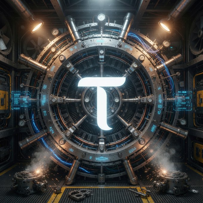 A sci-fi industrial scene featuring a large glowing letter 'T' at the center of a metallic, circular machine.