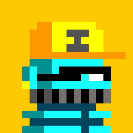 Pixel art illustration of a Minecraft character wearing a yellow/orange cap, teal diamond armor, and a dark chest piece on a solid orange background.