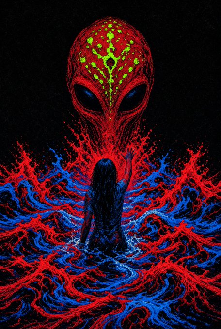 A dark, stylized illustration featuring a large red alien head with green markings looming over a figure standing in swirling red and blue waves.