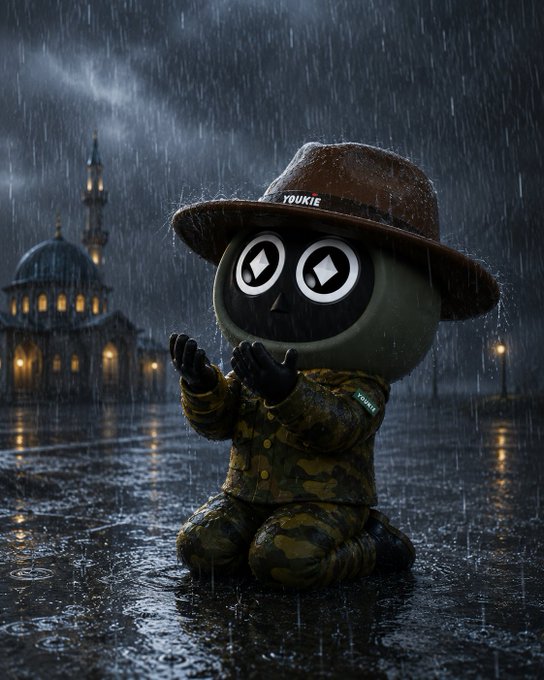 A small robot figure wearing a hat labeled "YOUKIE" and a camouflage jacket kneels in prayer on a rain-soaked street, set against a dimly lit mosque in the background. The image visually echoes the post's theme of struggle and isolation in Web3—depicting a hopeful, devoted builder ("YOUKIE") still waiting to be seen despite doing everything right, much like a soulful plea going unanswered in the downpour.