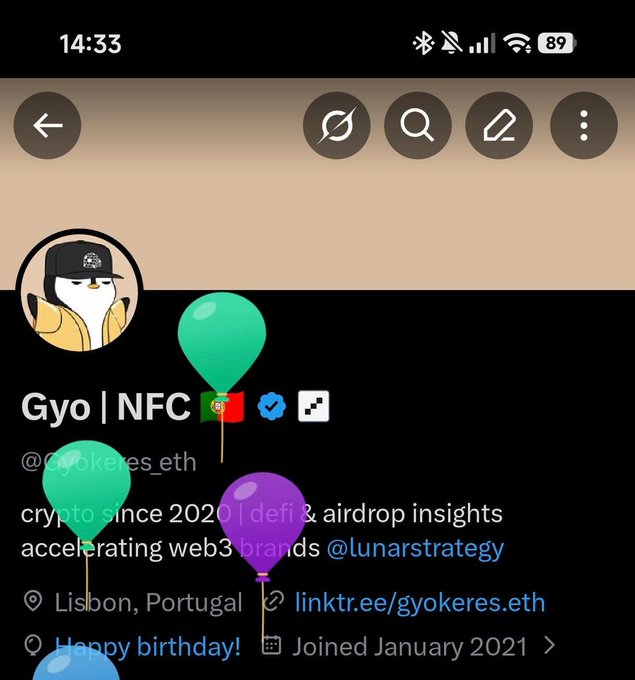 The image shows a birthday message posted on social media by someone named Gyo NFC. The post includes a photo of balloons with the text "Happy Birthday" written below them, indicating that it's their special day. The post also mentions that they are joining in the celebration and has been shared since January 2021.