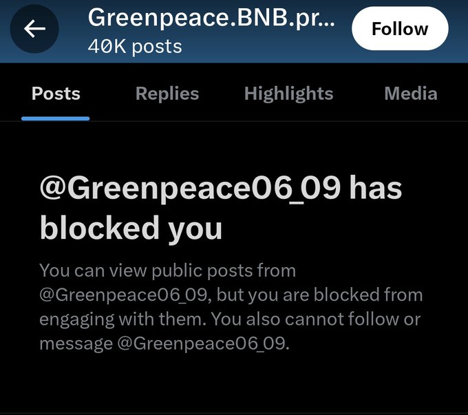 A Twitter/X profile page for "Greenpeace.BNB.pr..." shows a notice that "@Greenpeace06_09 has blocked you," preventing engagement with their posts. The image relates to the post by displaying the user's blocked status from the Greenpeace account, aligning with the post's critical commentary about the person's involvement and behavior in the $LUNC community.