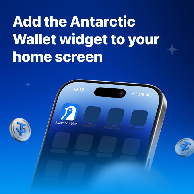 The image displays a promotional graphic with the headline "Add the Antarctic Wallet widget to your home screen," featuring a smartphone mockup showing the Antarctic Wallet app icon alongside floating USDT coin tokens against a blue background. The visual directly supports the post's message by illustrating how Antarctic Wallet simplifies crypto access through a convenient home screen widget, addressing the pain point of USDT being difficult to use in everyday transactions.