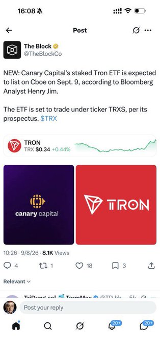 The image shows an X (Twitter) post from The Block (@TheBlockco) announcing that Canary Capital's staked Tron ETF (ticker TRXS) is expected to list on Cboe on Sept. 9, according to Bloomberg Analyst Henry Jim, displayed alongside a TRON price chart showing TRX at $0.34 (+0.44%) and branding for Canary Capital and TRON.
