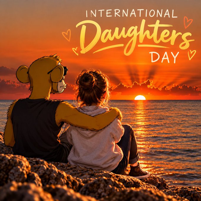 An illustrated 'International Daughters Day' graphic featuring a cartoon monkey character embracing a woman as they watch a sunset over the ocean.