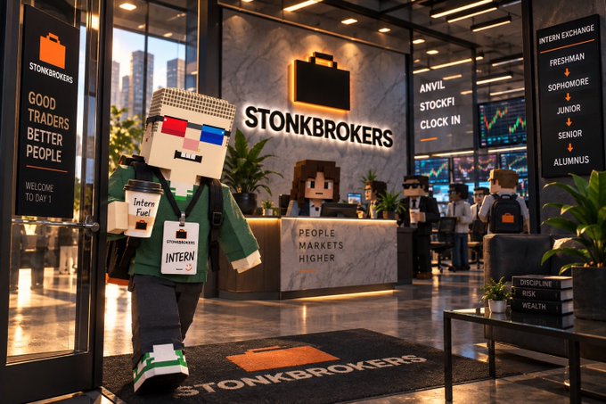 A Minecraft-style character wearing an 'Intern' badge holding coffee enters 'STONKBROKERS' office with a sign reading 'GOOD TRADERS BETTER PEOPLE' and 'Intern Exchange' listing Freshman through Alumnus ranks.