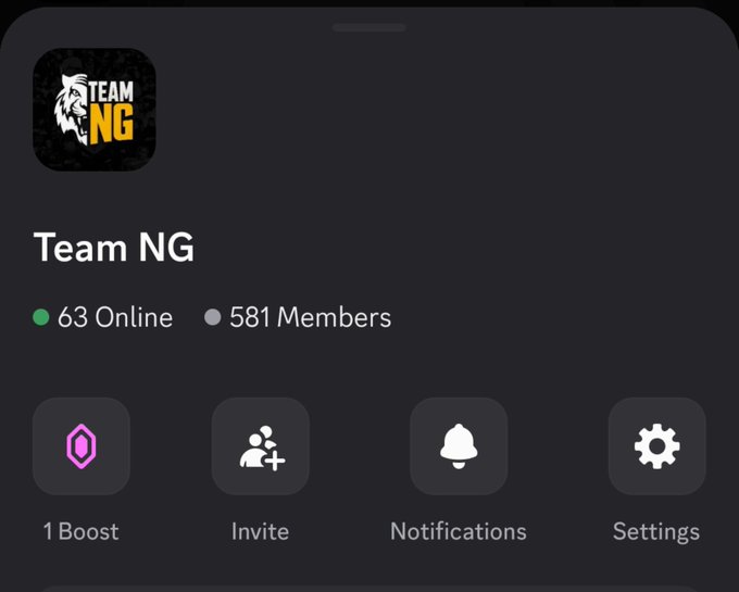 Discord server header for 'Team NG' showing 63 online members out of 581 total, with options for Boost, Invite, Notifications, and Settings.