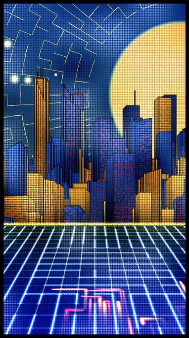 A retro synthwave-style poster depicting a pixelated city skyline silhouetted against a large yellow moon, with a glowing neon grid in the foreground.