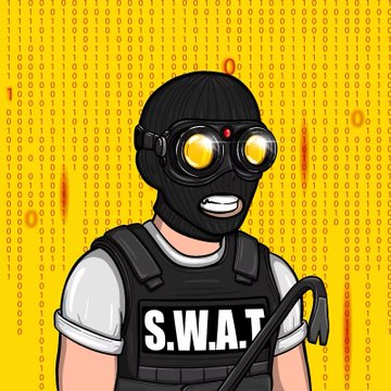 We need to write a concise 1-2 sentence caption describing what is in the image, include key text, numbers, tickers or names visible. The image shows a character wearing a black mask, goggles, tactical vest with "S.W.A.T." text, holding a crowbar. Background is yellow with binary code. So caption: "A cartoon S.W.A.T. officer in a black mask and yellow goggles stands against a yellow binary‑code backdrop, with the vest labeled 'S.W.A.T.'." Need to incorporate key text "S.W.A.T." Also maybe mention "Vault Runner" but that's from post, not image. The caption should be concise 1-2 sentences. Let's craft: "A cartoon S.W.A.T. officer wearing a black mask and glowing yellow goggles, with 'S.W.A.T.' printed on his vest, stands before a yellow background filled with binary code." That's one sentence. Might