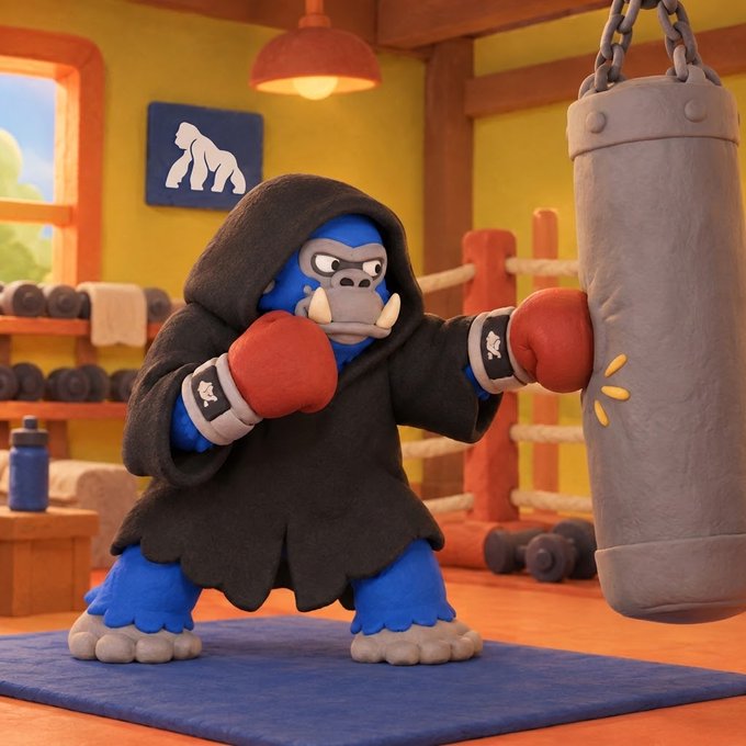 A 3D-rendered cartoon of a blue gorilla wearing a black hooded robe and red boxing gloves, standing on a blue mat and hitting a metal punching bag in a gym setting.