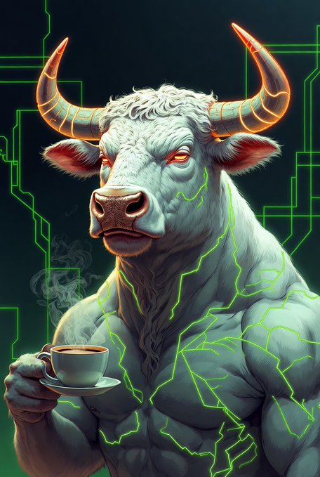 A muscular white bull with glowing orange eyes, horns, and neon green circuit-like patterns across its body calmly holds a steaming cup of coffee, channeling the classic "GM" (good morning) crypto meme while projecting bullish energy for $LEVI holders. The cyberpunk-styled bull embodies the rallying cry for an upcoming rally suggested by the post.