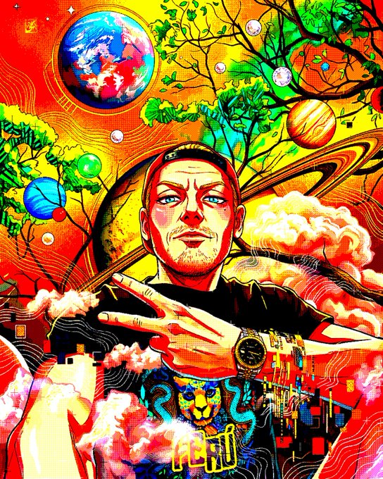 A vibrant, colorful digital illustration featuring a young man wearing a cap and gold watch, set against a surreal background with Earth, planets, trees, clouds, and swirling patterns in red, orange, and yellow tones.