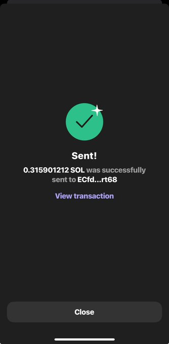 A mobile transaction confirmation screen displays a successful Solana transfer, showing "Sent! 0.315901212 SOL was successfully sent to ECfd...rt68" with a green checkmark and a "View transaction" link. The image appears to serve as proof of the small crypto giveaway ($25 worth of SOL) referenced in the accompanying social media post congratulating the winners.
