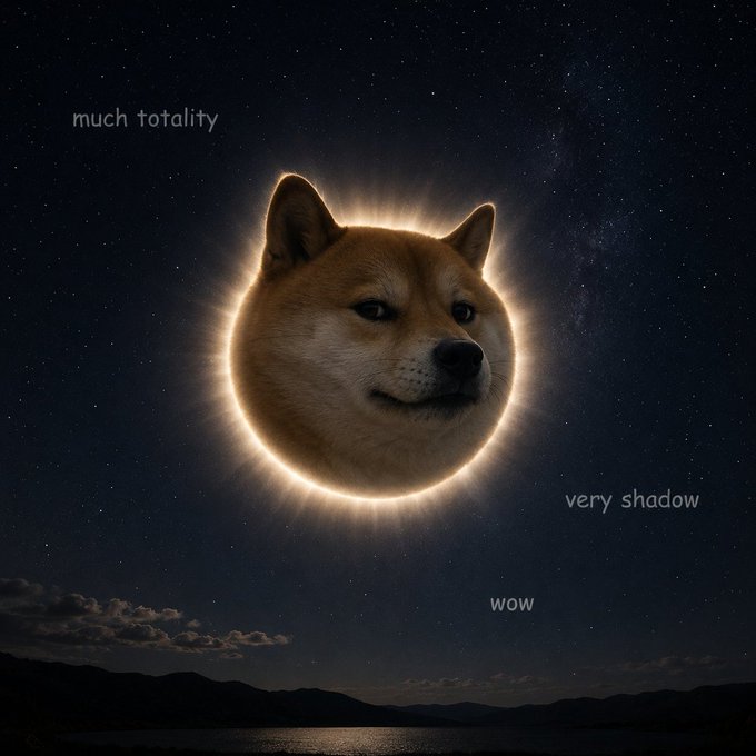A nighttime sky features a Shiba Inu dog's face illuminated to resemble a solar eclipse, with the text "much totality," "very shadow," and "wow" overlaying the image, playing on the famous "Doge" meme. The image cleverly ties to the post by personifying the moon's response ("the moon said watch this") as a cosmic Doge revealing itself in place of an eclipsed sun during a moment of totality.