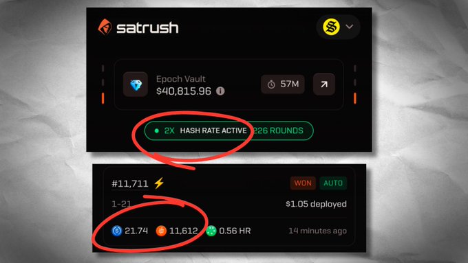 A screenshot from Satrush shows a won round (#11,711) with 21.74 sats and 11,612 sats won, alongside an Epoch Vault displaying "$40,815.96" and a highlighted "2X HASH RATE ACTIVE" status, illustrating the user's claimed 2x hash rate mining rewards and sat earnings from the Sat Strike bonus event.