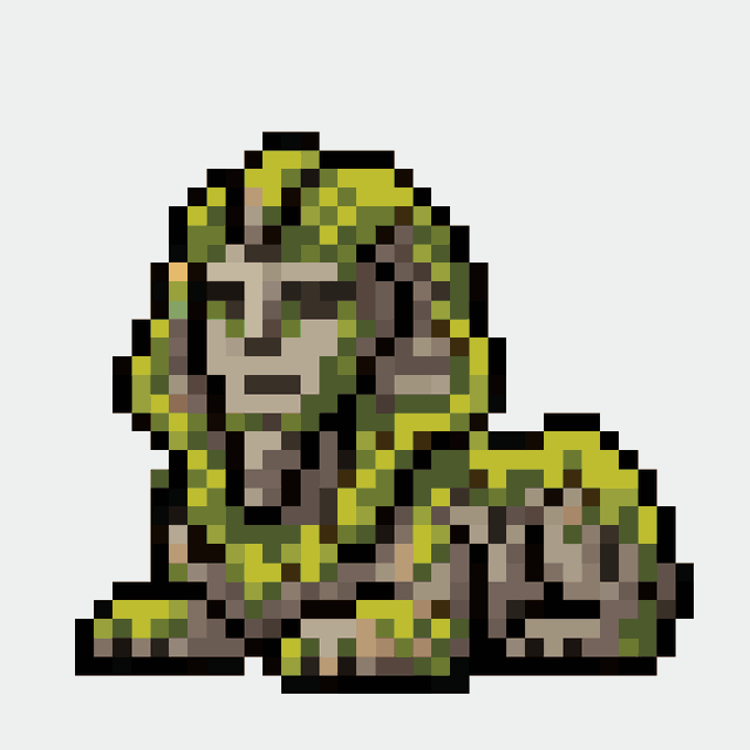A small pixel art sprite of a hooded figure in green camouflage kneeling beside a brown object, set against a white background.