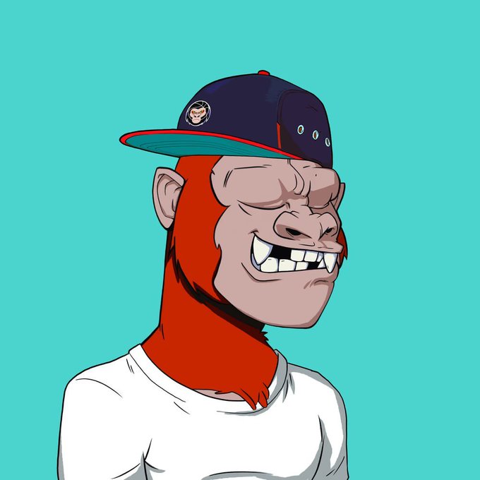 A cartoon-style illustration of a red-haired orangutan wearing a blue snapback cap, grinning with visible teeth against a teal background.