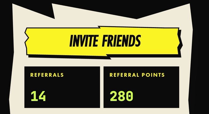 A graphic interface displaying an "INVITE FRIENDS" banner with statistics showing 14 REFERRALS and 280 REFERRAL POINTS.
