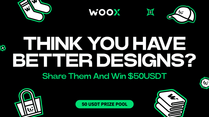 The image is a promotional graphic from WooX featuring merchandise illustrations (socks, cap, padlock tag, and folded clothing), with bold text reading "THINK YOU HAVE BETTER DESIGNS?" and "Share Them And Win $50 USDT," highlighting a "50 USDT PRIZE POOL" design contest. It ties directly to the post's call for fans to submit their own apparel design ideas for a chance to win 50 USDT futures credits.