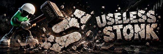 The banner features a cartoon character wielding a "PUMP" hammer amid shattered stone debris, alongside the bold text "USELESS STONK," visually tying into the Solana token name $STONKLESS as a meme-themed play on the meme stock concept.
