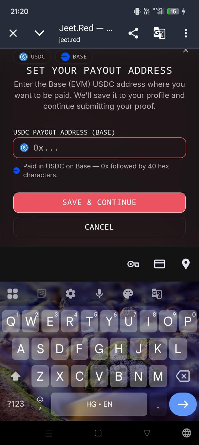 A mobile screenshot of the Jeet.Red website showing a 'SET YOUR PAYOUT ADDRESS' form with a field for a USDC payout address on Base network, with the phone's keyboard open.