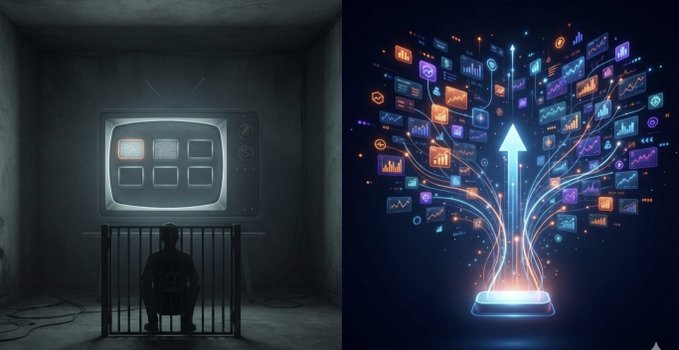 A split image contrasts a person confined in a dark room watching an old TV on the left with a vibrant illustration of data screens and an upward arrow on the right.