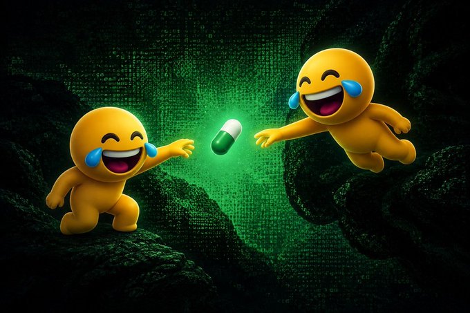 Two 3D laughing-with-tears-of-joy emojis reaching toward a green and white pill against a green Matrix-style digital background.