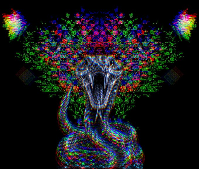 A vibrant, psychedelic digital artwork of a hissing snake with its mouth wide open, set against a symmetrical, kaleidoscopic background of green, red, and blue hues on black.