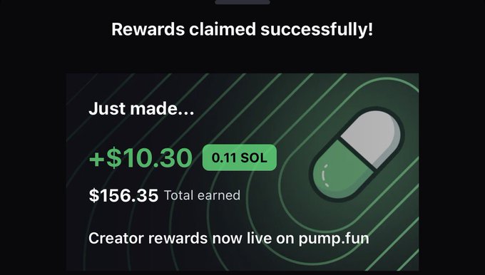 The image displays a "Rewards claimed successfully!" notification from pump.fun, showing the user just earned "+$10.30" (0.11 SOL) with a total earned of "$156.35," supporting the post's claim of making approximately $150 from the platform by actively trading.